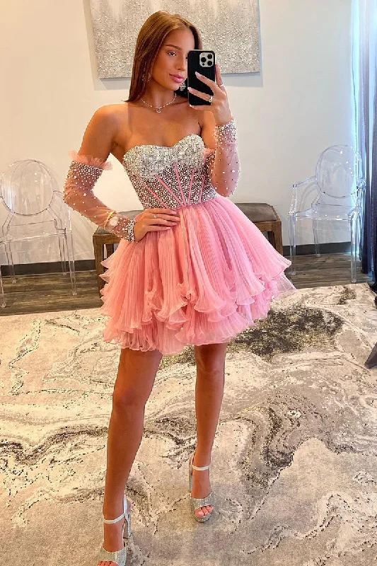 A Line Sweetheart Beads Pink Long Sleeves Cute Homecoming Dress QH2502 Tunics Top rated A Line Sweetheart Beads Pink Long Sleeves Cute Homecoming Dress QH2502 Tunics Top rated
