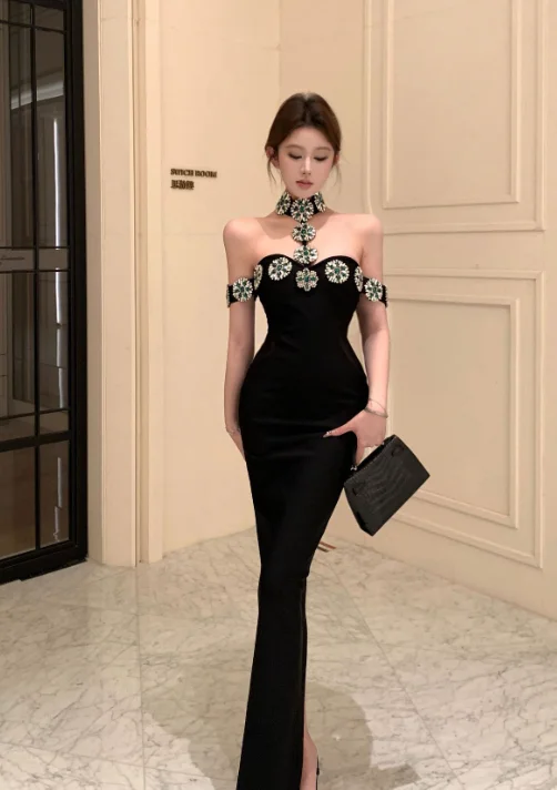 Stylish Strapless Black Dress with Floral Jeweled Details Tunics Cozy soft