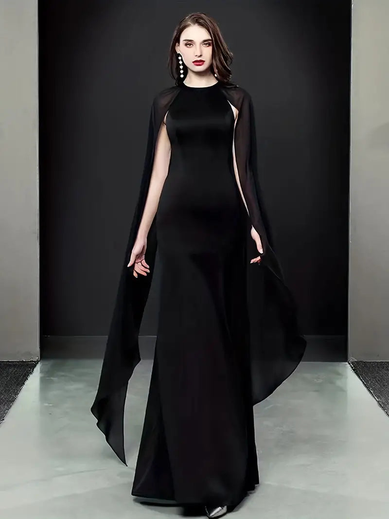 Black Long Sleeve Chiffon Maxi Evening Party Dress Tunics Leisure comfortable