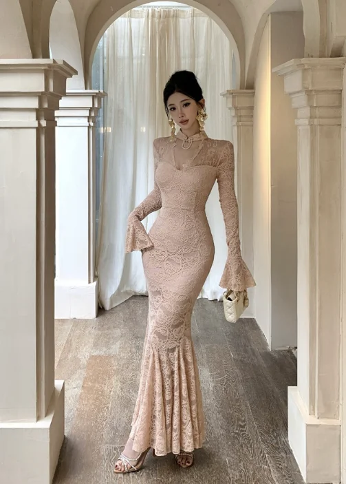 Elegant High - neck Blush Lace Flared - sleeve Mermaid Dress Tunics New arrival