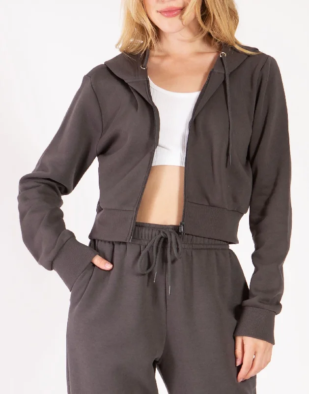Cropped Zip Up Hoodie Hoodie with Hem Embroidery Detailed Premium