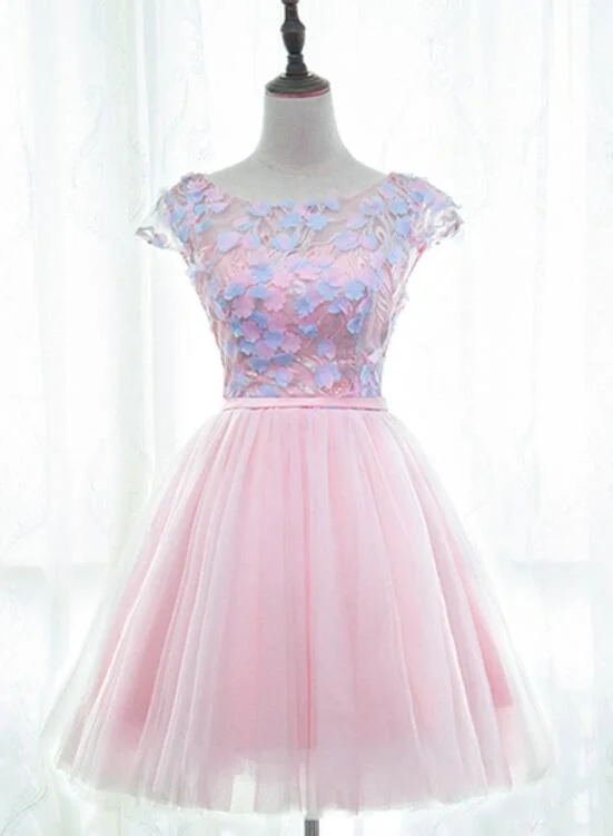 Pink Tulle Cute Girls Party Dresses, Lovely Short Round Neckline with Flowers Party Dresses Tunics Occasion special Pink Tulle Cute Girls Party Dresses, Lovely Short Round Neckline with Flowers Party Dresses Tunics Occasion special