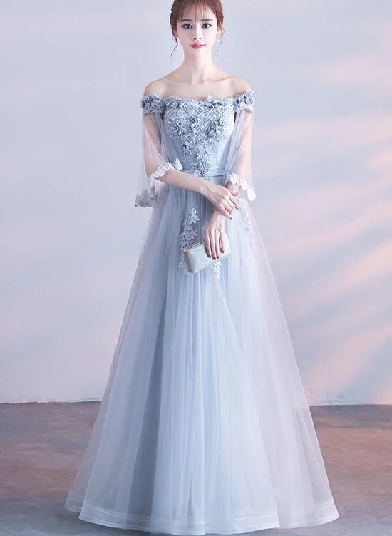 Elegant Grey Tulle Long Party Dress , Off Shoulder Bridesmaid Dress Tunics Versatile functional Elegant Grey Tulle Long Party Dress , Off Shoulder Bridesmaid Dress Tunics Versatile functional