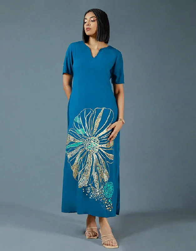 Split Neck Maxi Screen Print Dress Elegant Long Evening