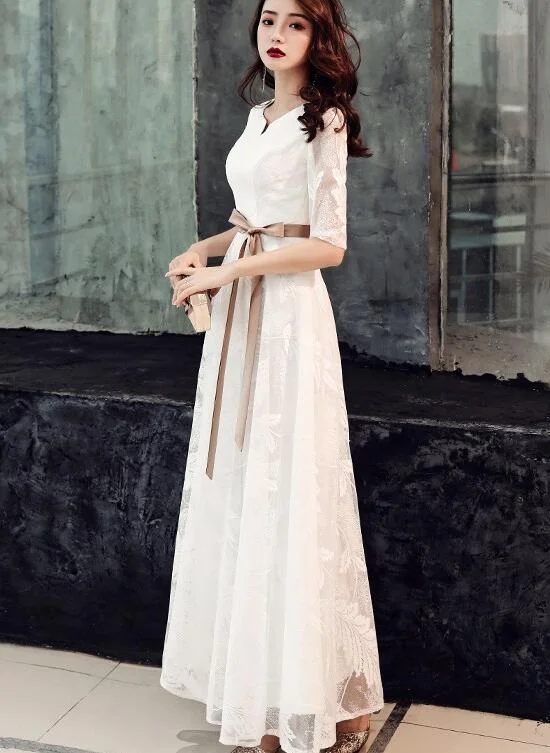 Elegant White Lace Long Short Sleeves Wedding Party Dress with Bow, Evening Dress Mermaid Tail Wedding Elegant White Lace Long Short Sleeves Wedding Party Dress with Bow, Evening Dress Mermaid Tail Wedding