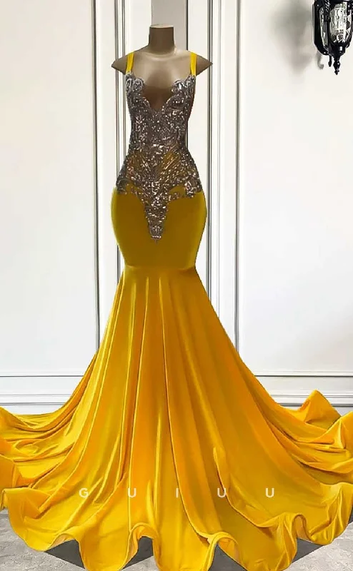 G4589 - Chic & Modern Straps Sleeveless Crystal Yellow Velvet Court Train Prom Party Dresss Tunics Stylish modern G4589 - Chic & Modern Straps Sleeveless Crystal Yellow Velvet Court Train Prom Party Dresss Tunics Stylish modern