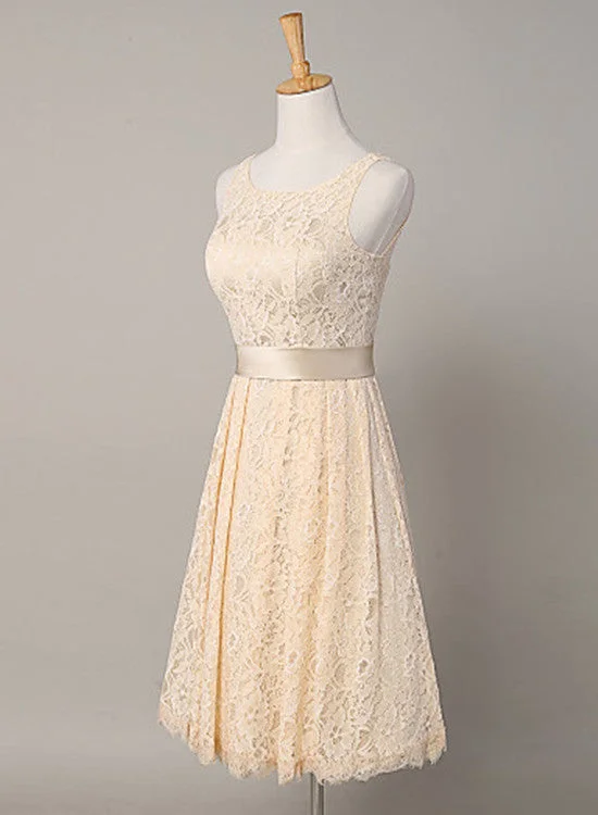 Lovely Lace Champagne Short Wedding Party Dresses,Sleeveless Bridesmaid Dress with Sash Tunics Winter warm Lovely Lace Champagne Short Wedding Party Dresses,Sleeveless Bridesmaid Dress with Sash Tunics Winter warm