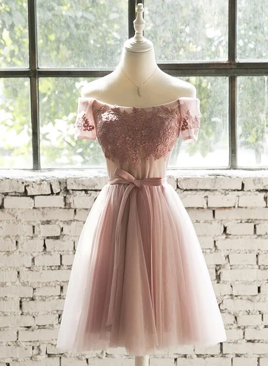 Dark Pink Off Shoulder Knee Length Bridesmaid Dresses, Cute Wedding Party Dresses sweetheart Neckline Romantic Dark Pink Off Shoulder Knee Length Bridesmaid Dresses, Cute Wedding Party Dresses sweetheart Neckline Romantic