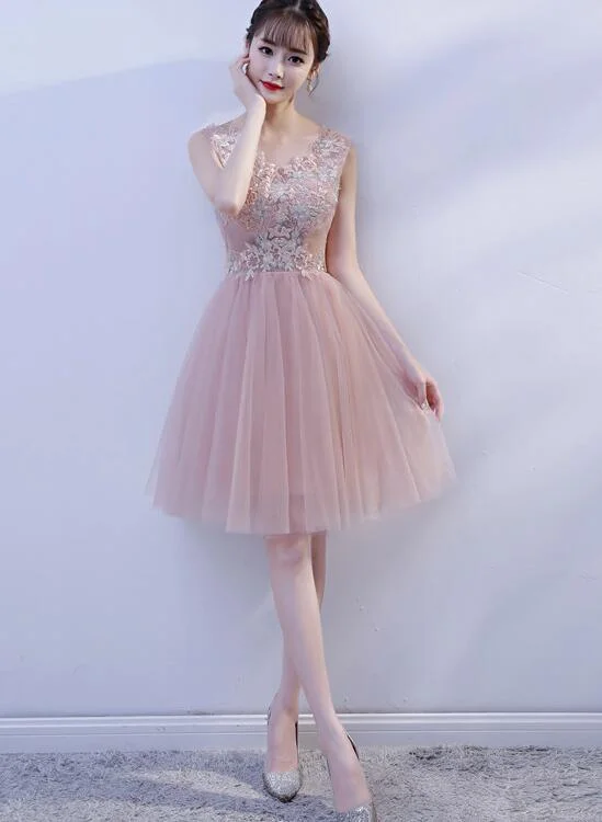 Pink V-neckline Lace Applique Knee Length Party Dress, Pink Homecoming Dresses Tunics Sale discount Pink V-neckline Lace Applique Knee Length Party Dress, Pink Homecoming Dresses Tunics Sale discount