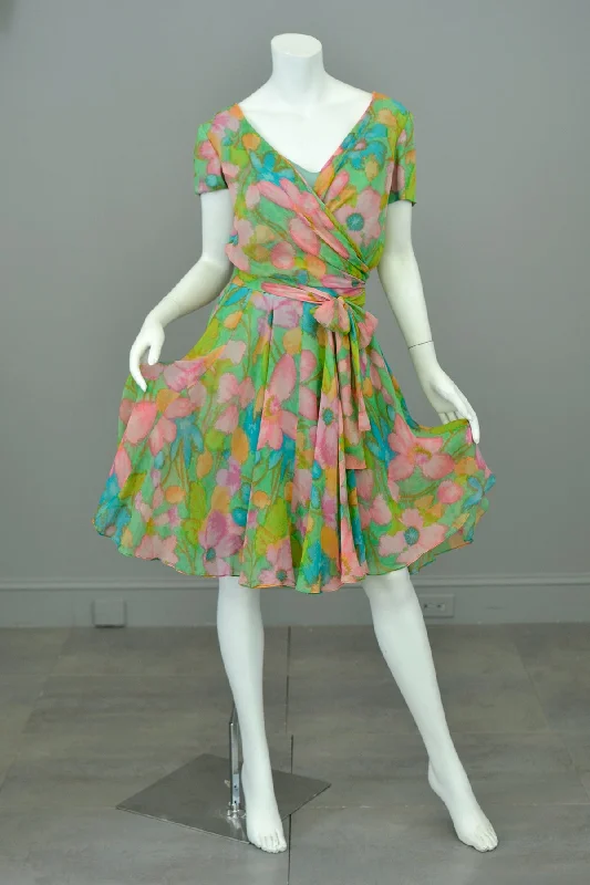 1960s Watercolor Floral Print Draping Wrap Front Dress | Garden Party Dress | TLC Hot Mess Tunics Exclusive limited 1960s Watercolor Floral Print Draping Wrap Front Dress | Garden Party Dress | TLC Hot Mess Tunics Exclusive limited