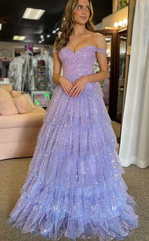 G4487 - Simple & Casual A-Line Off-Shoulder Sleeveless Purple Tulle Tiered Floor-Length Prom Party Dress with Allover Sequins Turtleneck Neckline Stylish G4487 - Simple & Casual A-Line Off-Shoulder Sleeveless Purple Tulle Tiered Floor-Length Prom Party Dress with Allover Sequins Turtleneck Neckline Stylish