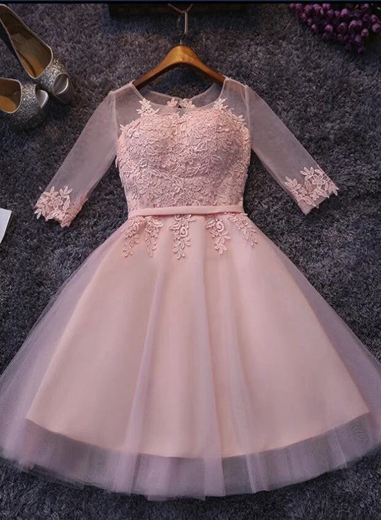 Pink Short Sleeves Tulle with Lace Applique Wedding Party Dress, Lovely Junior Prom Dress Tunics Luxurious premium