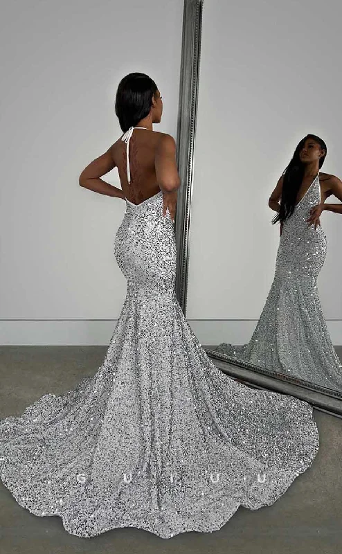 G4424 - Classic & Modern Mermaid Halter  Beaded Open Back Prom Party Dress with Train for Black Girl Slay Tunics Wedding white