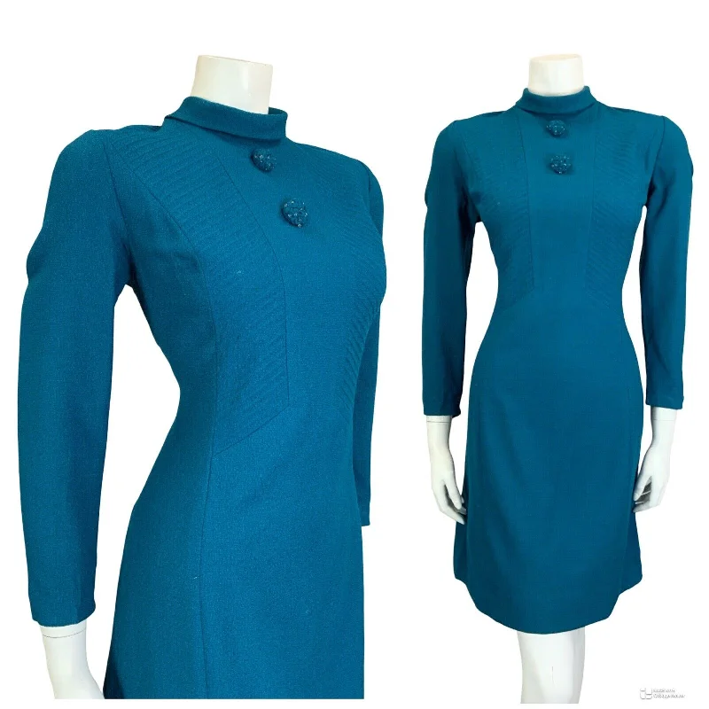 VTG 60S TEAL BLUE WOOL TEXTURED TAILORED CLEAR BEADED MOD GOGO SHIFT DRESS 12 A-Line Day Work VTG 60S TEAL BLUE WOOL TEXTURED TAILORED CLEAR BEADED MOD GOGO SHIFT DRESS 12 A-Line Day Work