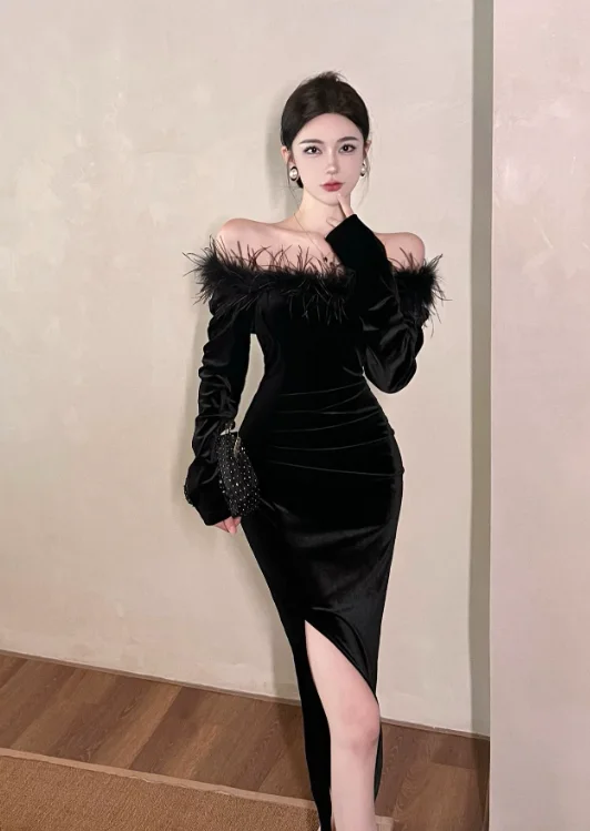 Elegant Off - Shoulder Black Velvet Feather Slit Dress Tunics Fall fleece