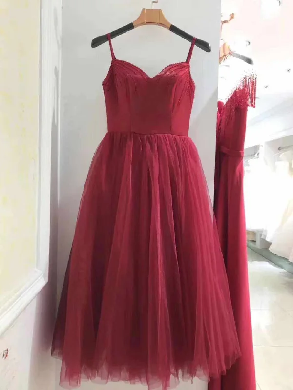 Wine Red Tea Length Sweetheart Straps Wedding Party Dress, Beautiful Formal Gowns Tunics Gym athletic
