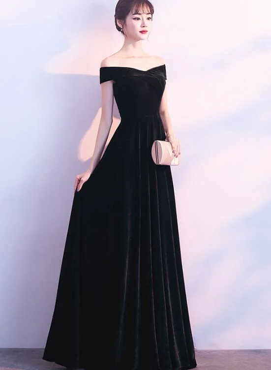 Black Velvet Off Shoulder Long Formal Dress , Black Party Dress , Black Bridesmaid Dress Tunics stripes playful