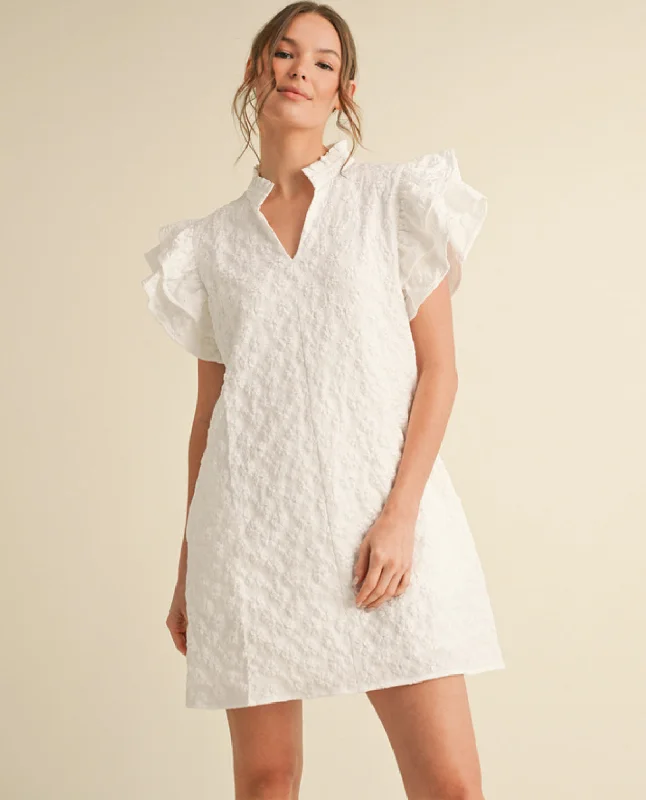 Floral Embroidered Mini Dress with Split Frill Neck Cozy Satin Mini Dress