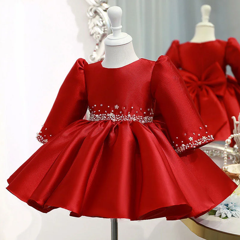 Girl Christmas Dress Baby Girl Winter Red Bead Puffy Birthday Party Dresses Glittery Long Formal