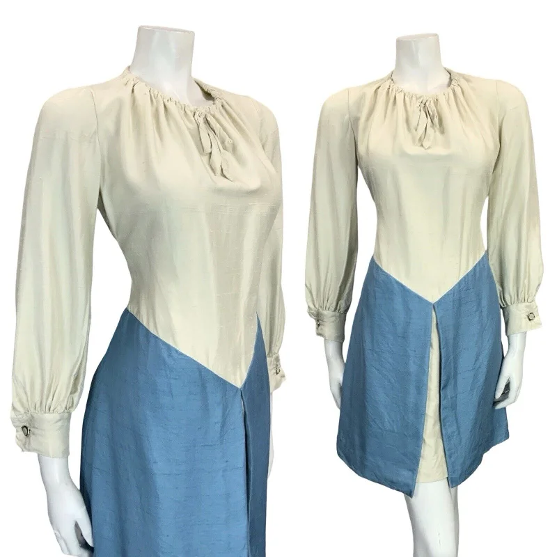 VTG 60S 70S CREAM SKY BLUE ROMANTIC MEDIEVAL BASQUE WAIST PEASANT SHIFT DRESS 8 Boatneck Modish Everyday