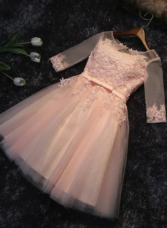 Light Pink Short Sleeves Lace Party Dress, Pink Bridesmaid Dresses, Cute Junior Prom Dress Off-the-shoulder Chic Trendy Light Pink Short Sleeves Lace Party Dress, Pink Bridesmaid Dresses, Cute Junior Prom Dress Off-the-shoulder Chic Trendy