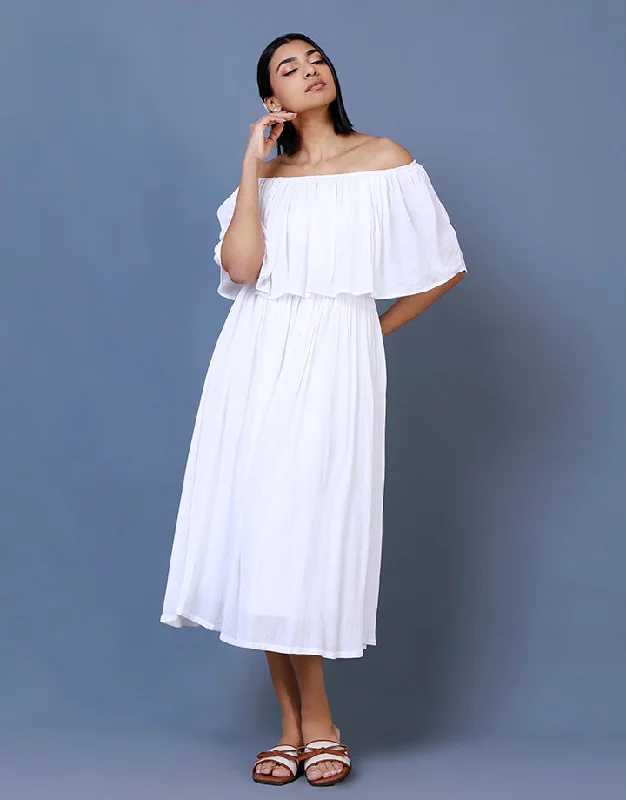Off the Shoulder White Dress Turtleneck Neckline Stylish