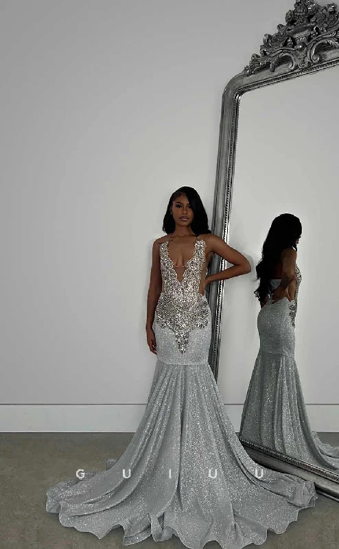 G4429 - Glamorous Mermaid Deep V Neck Sleeveless Allover Crystal Open Back Prom Party Dress with Train for Black Girl Slay Tunics Hiking breathable