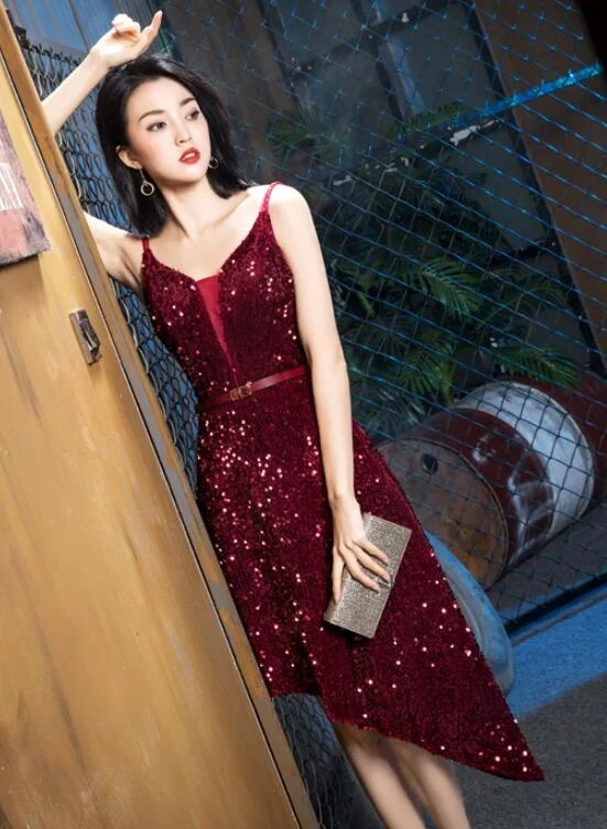 Wine Red Sequins Sexy High Low Party Dress, Sequins Evening Gowns Tunics Corduroy durable