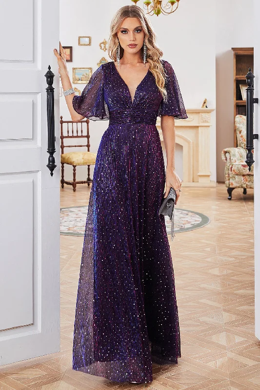 Sparkly V-Neck Purple Party Dress with Short Sleeves Turtleneck Warm Winter