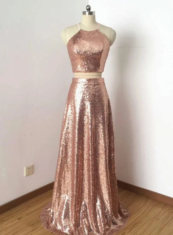 Two Piece Sequins Halter Bridesmaid Dresses, A-line Long Formal Dress, Party Dress Tunics Party sparkling Two Piece Sequins Halter Bridesmaid Dresses, A-line Long Formal Dress, Party Dress Tunics Party sparkling