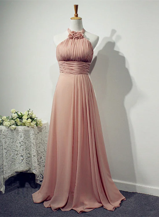 Beautiful Pink Halter Chiffon Bridesmaid Dress, Long Wedding Party Dresses Turtleneck Warm Winter