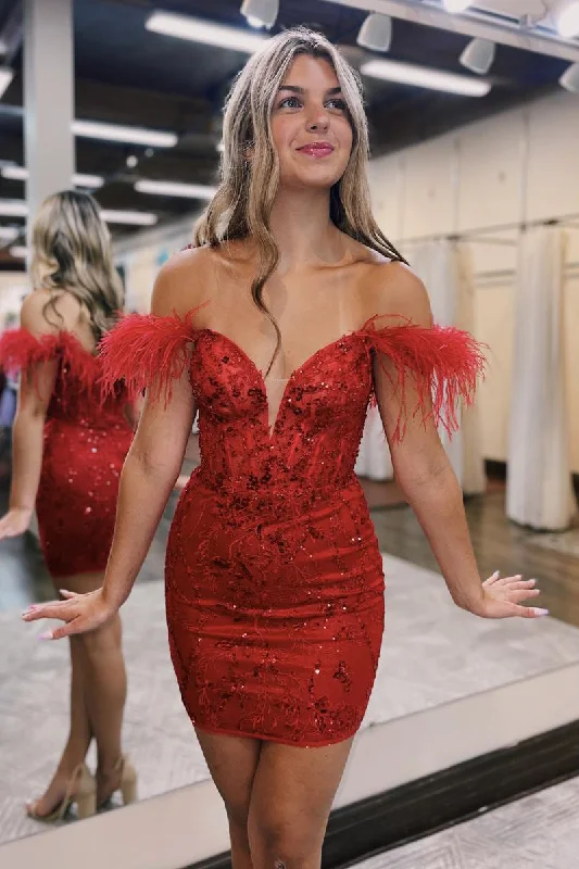 Sexy V neck Feathers Sheath/Column Red Short Homecoming Dress QH2549 Tunics Business professional