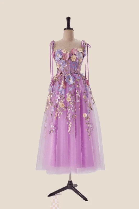 Lilac 3D Floral Tea Length Party Dress Tunics Designer luxury