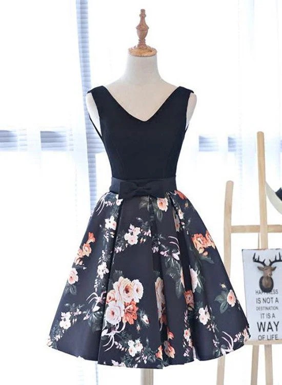 Pretty Floral Satin V-neckline Homecoming Dresses, Charming Party Dress, Prom Dress Tunics Vintage classic Pretty Floral Satin V-neckline Homecoming Dresses, Charming Party Dress, Prom Dress Tunics Vintage classic