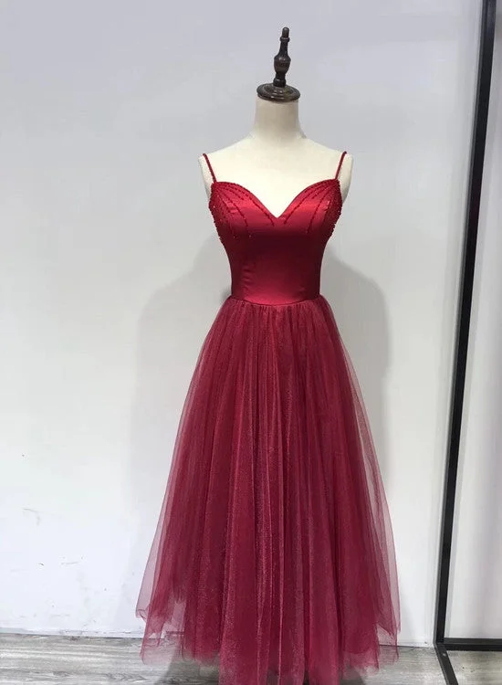 Beautiful Wine Red Straps Beaded Tea Length Wedding Party Dress, Prom Dress Tunics Polka dots