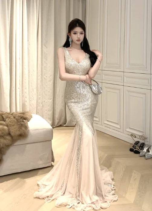 Elegant Sparkling Champagne Mermaid Dress with Chiffon Hem Tunics Running lightweight Elegant Sparkling Champagne Mermaid Dress with Chiffon Hem Tunics Running lightweight