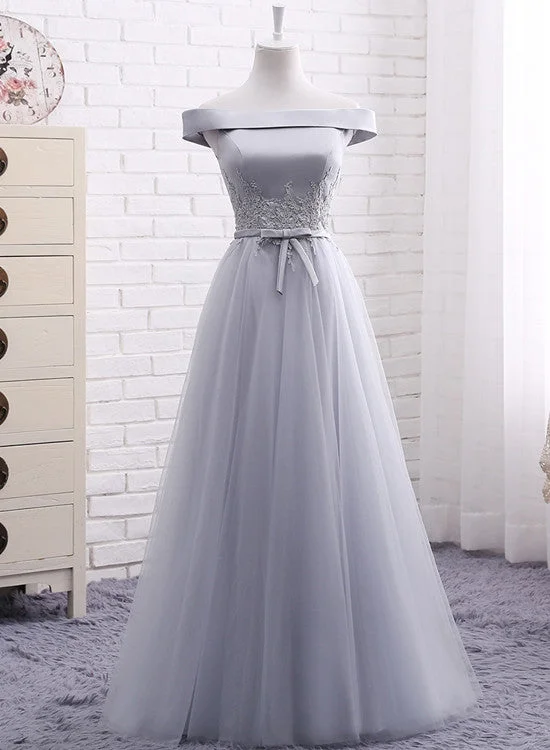 Grey Tulle Off Shoulder Floor Length Prom Dress , Grey Bridesmaid Dress, Party Dress Pencil Length Work Grey Tulle Off Shoulder Floor Length Prom Dress , Grey Bridesmaid Dress, Party Dress Pencil Length Work