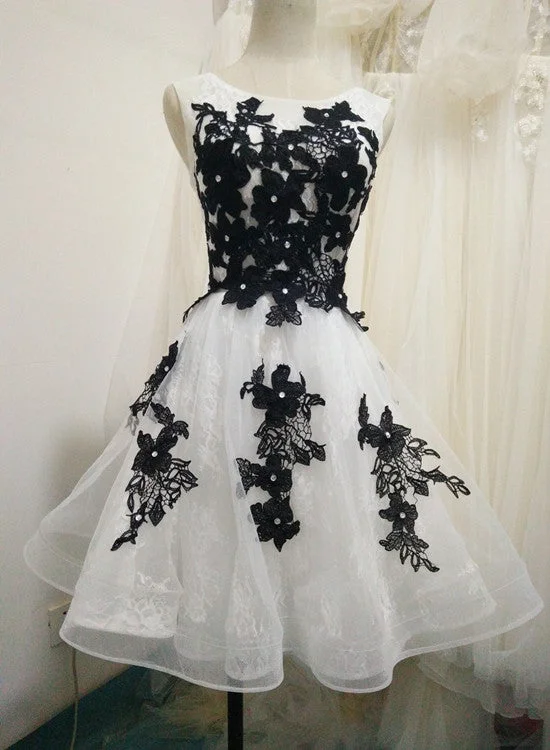 White Tulle and Lace Knee Length Party Dress with Black Lace, Cute Party Dress Tunics Travel practical White Tulle and Lace Knee Length Party Dress with Black Lace, Cute Party Dress Tunics Travel practical