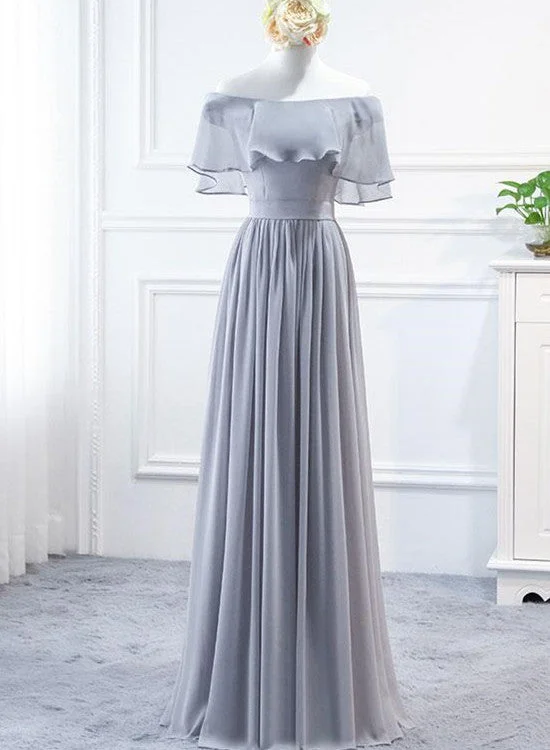 Grey Long Chiffon Off the Shoulder Bridesmaid Dress, Party Dress Boatneck Modish Everyday