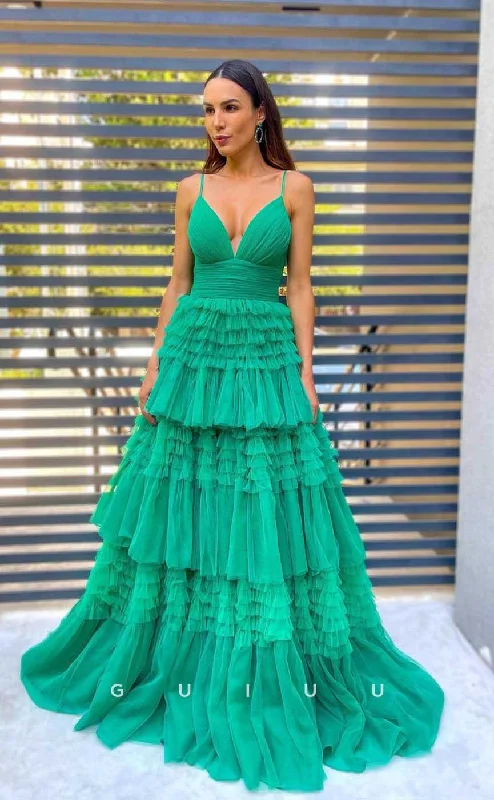 G4418 - Casual & Cute A-Line Low V Neck Spaghetti Straps Tulle Tiered Long Sweep Prom Party Dress Tunics Seasonal trendy