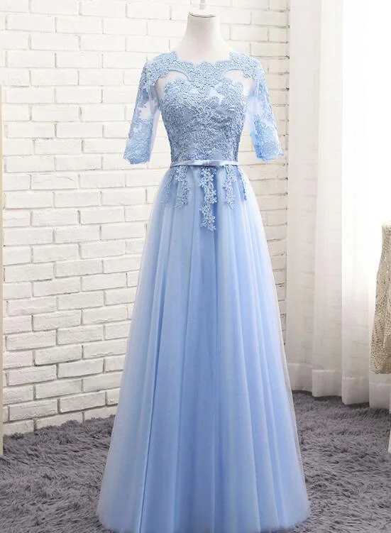 Light Blue Short Sleeves Lace Wedding Party Dresses, Blue Bridesmaid Dresses, Formal Dress Tunics Bridal satin Light Blue Short Sleeves Lace Wedding Party Dresses, Blue Bridesmaid Dresses, Formal Dress Tunics Bridal satin
