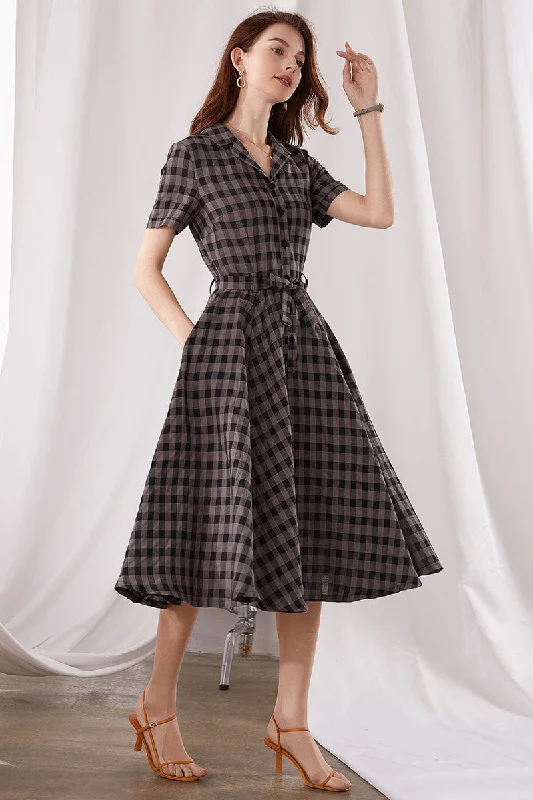 Black And Gray Plaid Midi Linen dress 3377# Tunic Top Casual