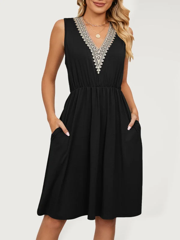 Women's knitted lace V-neck sleeveless pocket waist dress Tunics Long Elegant