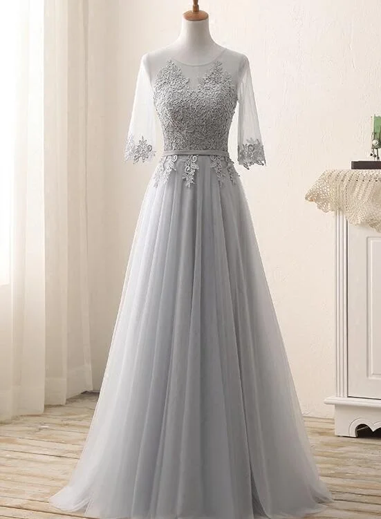 Grey 1/2 Sleeves Lace and Tulle Bridesmaid Dresses, Bridesmaid Dress , Party Dresses Square Neckline Feminine Grey 1/2 Sleeves Lace and Tulle Bridesmaid Dresses, Bridesmaid Dress , Party Dresses Square Neckline Feminine