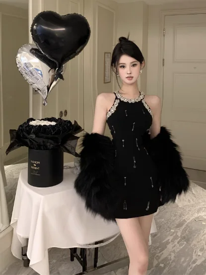 Stylish Sleeveless Black Dress with Furry Trim and Beads Crew Neckline Casual