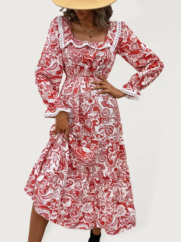 Women's Woven Square Neck Long Sleeve Printed Dress Tunics Polka dots