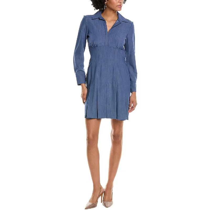 Womens Pleated Chambray Fit & Flare Dress Elegant Long Evening