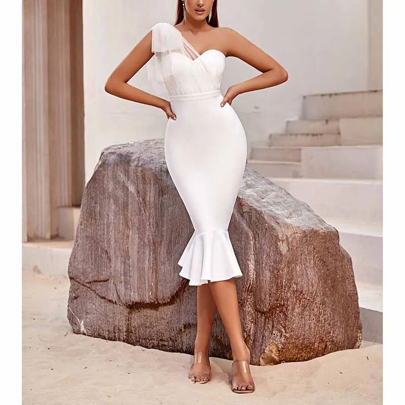 Women White One Shoulder Knitted Bodycon Party dress Tunics Corduroy durable