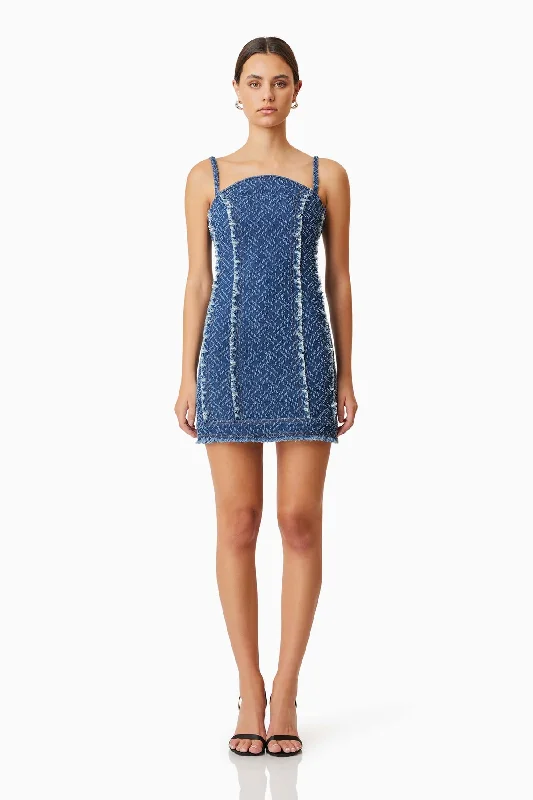 Elliatt Cora Denim Mini Dress in Blue Trendy Off-Shoulder Dress Mini