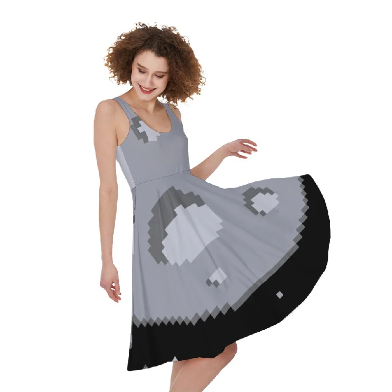 8-Bit Pixel Moon Print Sleeveless Knee Length Dress Tunics Seasonal trendy